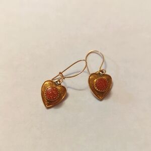Gold Tone Heart Earrings with Orange Accents